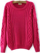 Romwe Cable Knit Ball Embellished Rose Red Sweater
