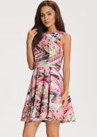 Romwe Multicolor Round Neck Sleeveless Print Pleated Dress