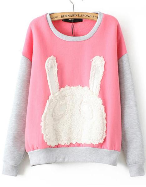 Romwe Rabbit Pattern Loose Red And Grey Sweatshirt