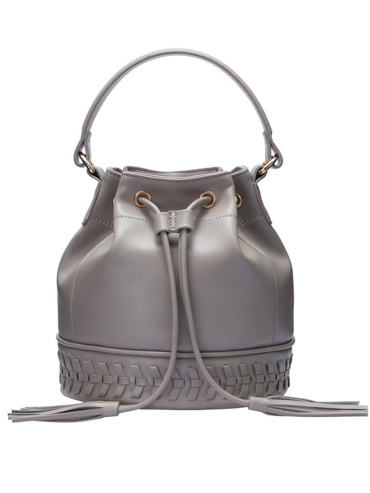 Romwe Grey Tassel Drawstring Weave Bucket Bag