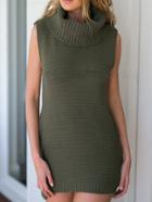 Romwe Turtleneck Sleeveless Side Zipper Knit Green Dress