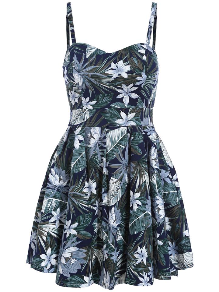 Romwe Spaghetti Strap Leaves Print Pleated Dress