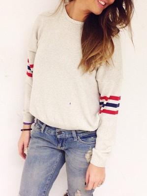 Romwe Round Neck Striped Loose White Sweater