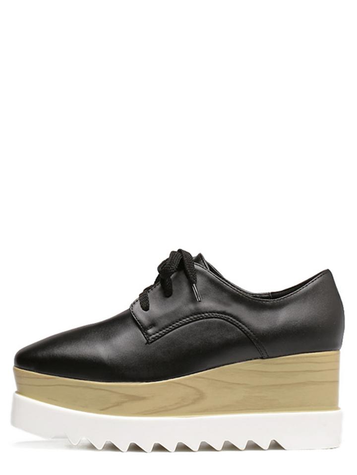 Romwe Black Square Toe Wedge Heel Oxfords