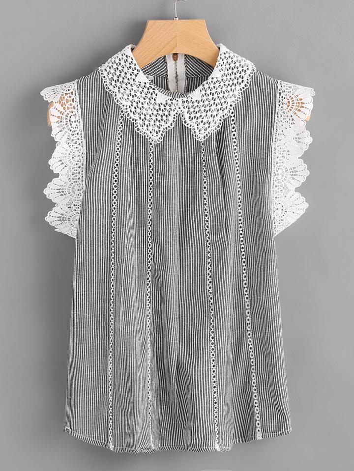 Romwe Pinstriped Lace Collar And Cuff Zip Back Blouse