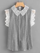 Romwe Pinstriped Lace Collar And Cuff Zip Back Blouse