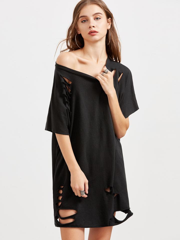Romwe Black Ripped Raw Hem Oversized Tee Dress