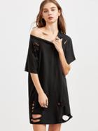 Romwe Black Ripped Raw Hem Oversized Tee Dress