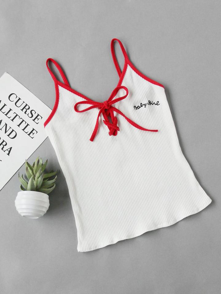 Romwe Letter Embroidered Lace Up Ringer Ribbed Cami Top