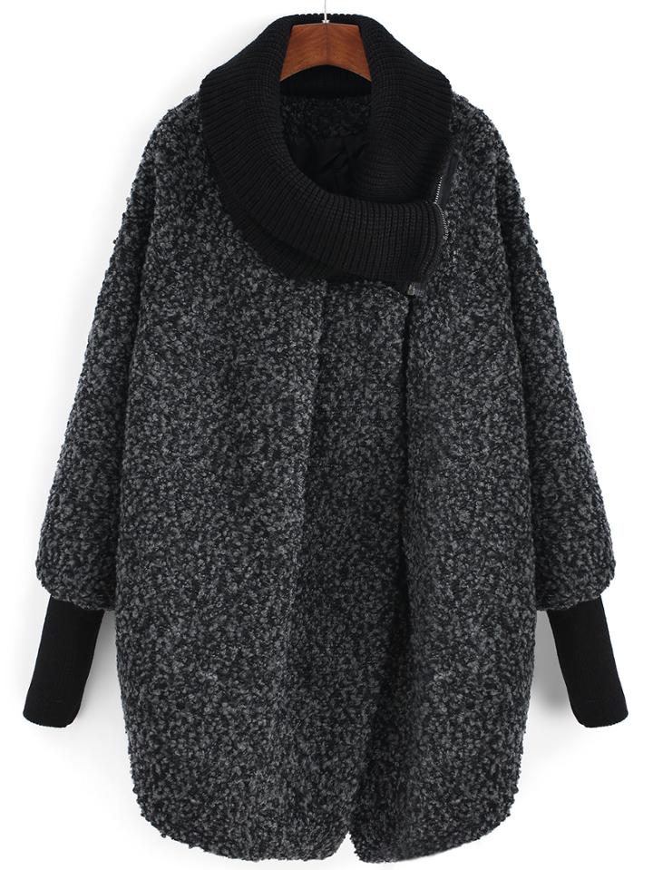 Romwe Turtleneck Contrast Cuffed Zipper Long Coat