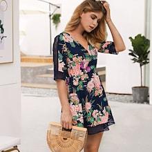 Romwe Floral Print Hollow Out Dress
