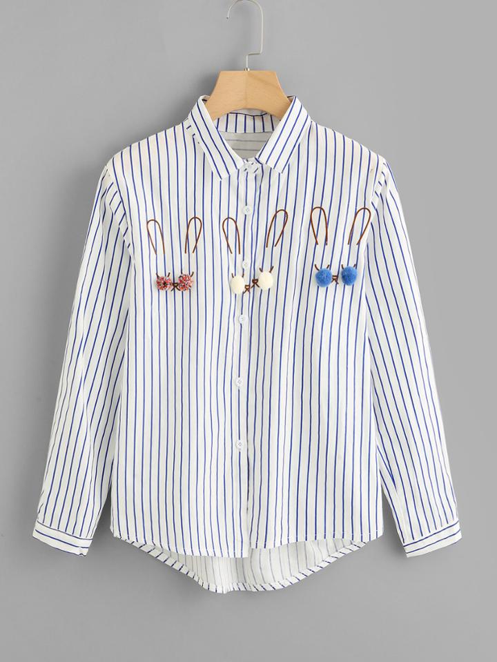 Romwe Pom Pom Detail Striped Shirt