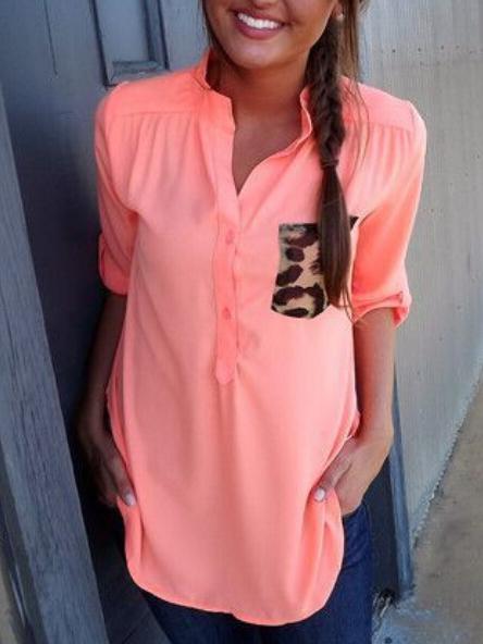 Romwe Stand Collar Pocket Chiffon Pink Blouse