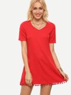 Romwe Red V Neck Pom Pom Trimmed Shift Dress