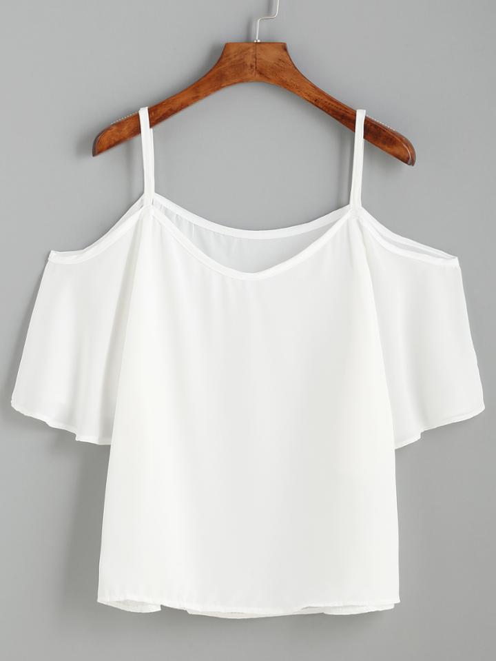 Romwe White Cold Shouder Ruffle Top