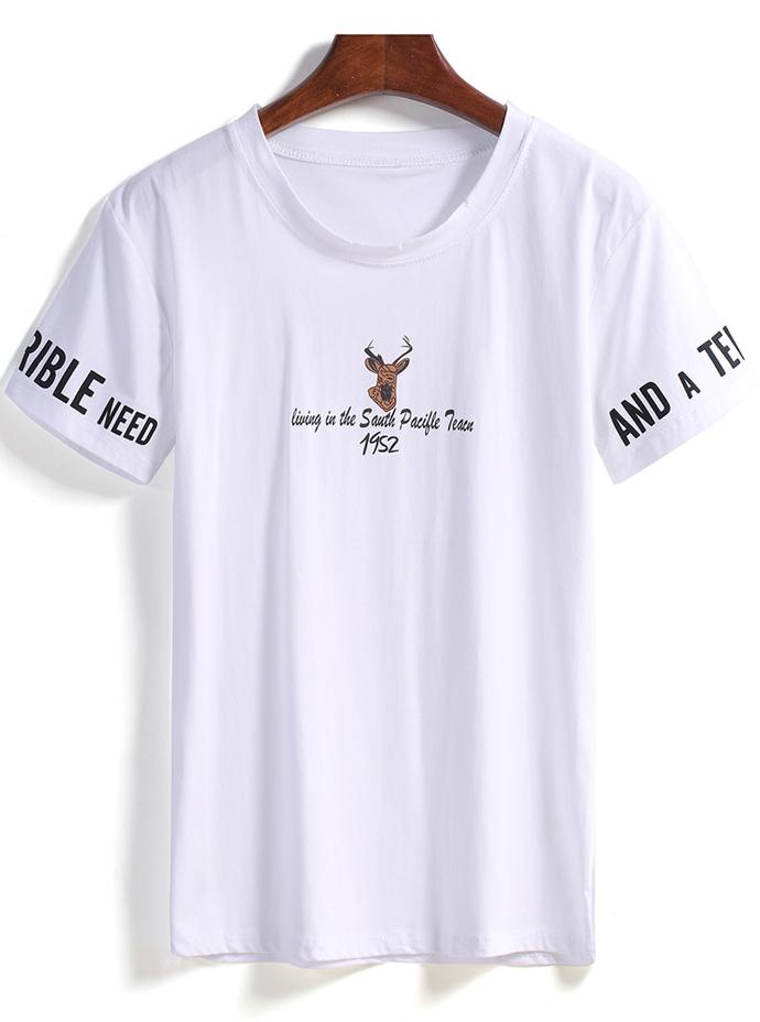 Romwe Round Neck Rabbit Letter Print White T-shirt