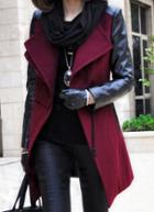 Romwe Contrast Pu Leather Double Lapel Coat