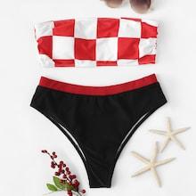 Romwe Checker Bandeau With Contrast Trim Bikini Set