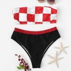 Romwe Checker Bandeau With Contrast Trim Bikini Set