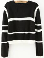 Romwe Striped Crop Black Sweater