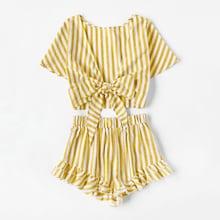 Romwe Plunging Neck Tie Front Striped Top & Ruffle Shorts Set