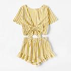 Romwe Plunging Neck Tie Front Striped Top & Ruffle Shorts Set