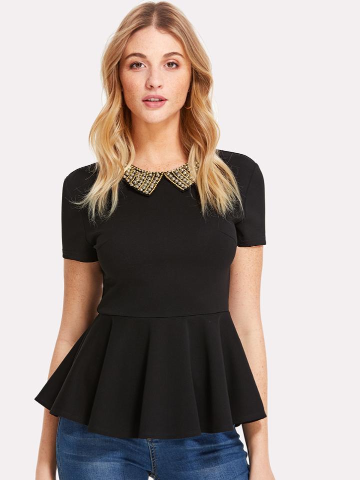 Romwe Pearl Embellished Collar Zip Back Top