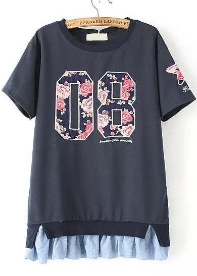 Romwe Contrast Denim Hem Number Print Navy T-shirt