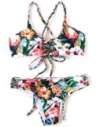 Romwe Floral Print Braided Strap Cross Back Bikini Set