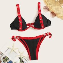 Romwe Piping Trim Eyelet Buckle Bikini Set