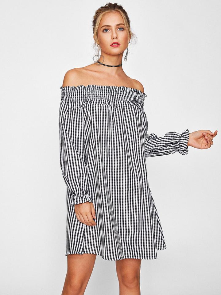 Romwe Off Shoulder Shirred Checked Dress