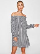 Romwe Off Shoulder Shirred Checked Dress
