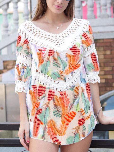 Romwe Crochet Insert Printed Orange Blouse