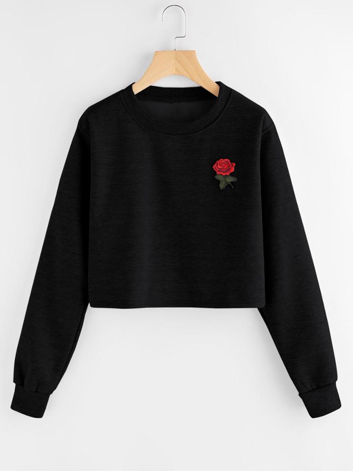 Romwe Embroidered Rose Patch Sweatshirt