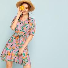 Romwe Orange Print Ruffle Hem Belted Wrap Dress