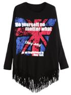 Romwe Black Slogan Print Drop Shoulder Seam Fringe T-shirt