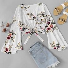 Romwe Flounce Sleeve Wrap Floral Top