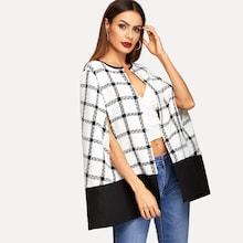 Romwe Open Front Plaid Cloak Coat