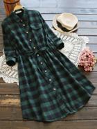 Romwe Checked Drawstring Waist Shirt Dress