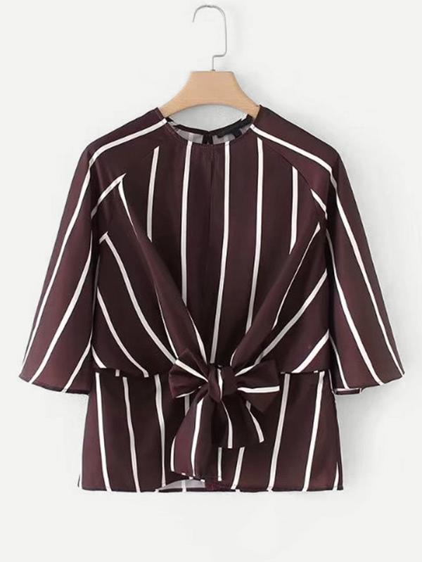 Romwe Self Tie Raglan Sleeve Striped Blouse