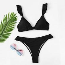 Romwe Ruffle Detail Solid Bikini Set