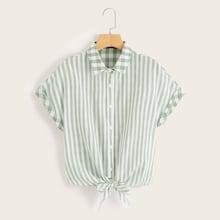 Romwe Rolled Up Sleeve Knot Hem Gingham Shirt