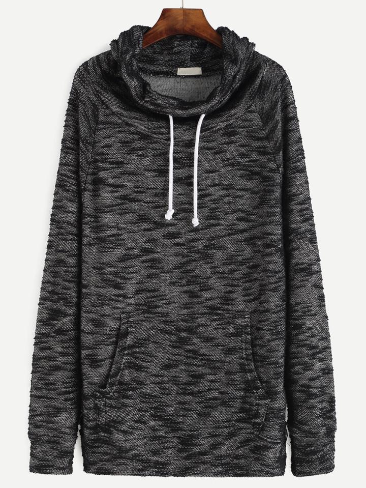Romwe Black Drawstring Cowl Neck Sweatshirt With Pocket