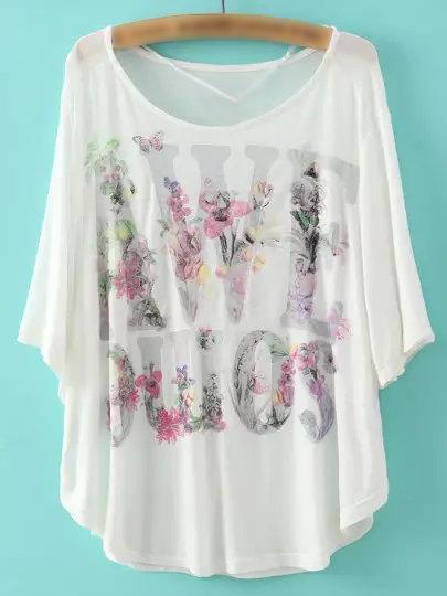 Romwe White Batwing Sleeve Letters Print T-shirt