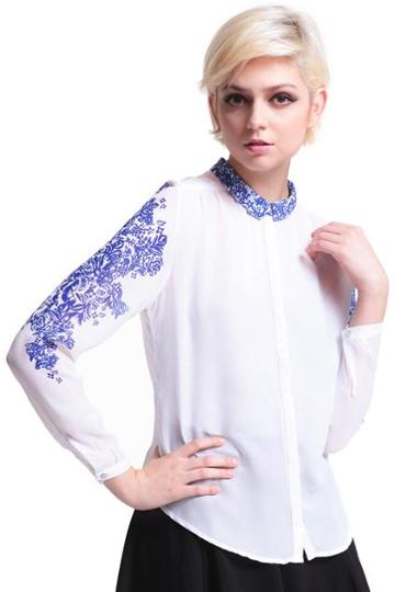 Romwe White And Blue Porcelain White Shirt