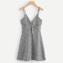 Romwe Twist Front Gingham Cami Dress