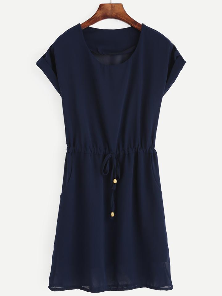 Romwe Navy Cuffed Drawstring A-line Dress