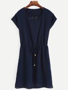 Romwe Navy Cuffed Drawstring A-line Dress