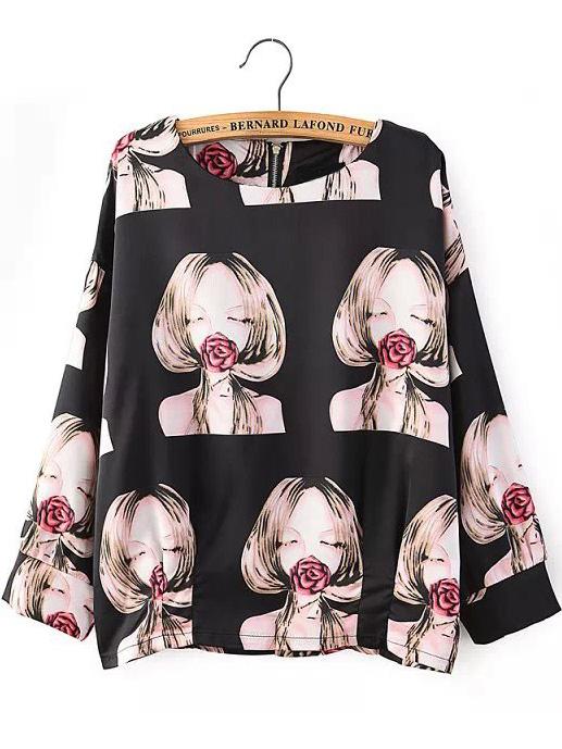 Romwe Black Long Sleeve Beauty Print Blouse