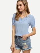 Romwe Light Blue V Neck Lace Splicing Top